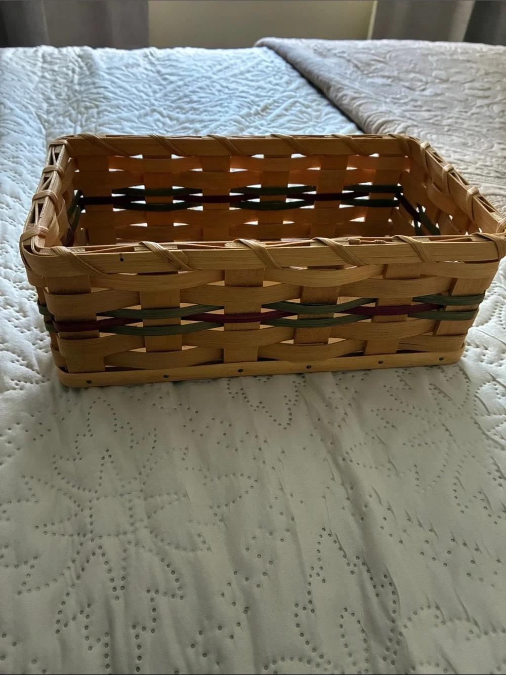 Handmade tissue Basket in Natural with Green & Red Accents
